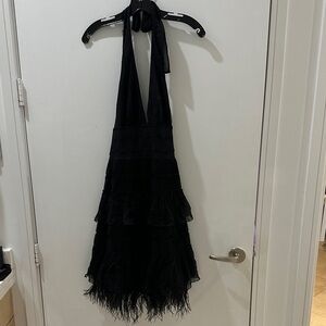 Short Black Halter Dress with fringe details